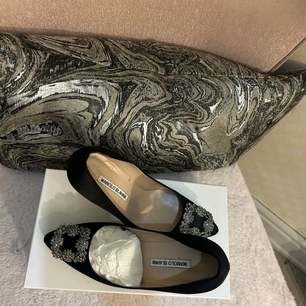 Manolo Blahnik Black Satin Pointed Toe Pumps with Crystal Buckles - Picture 3 of 5